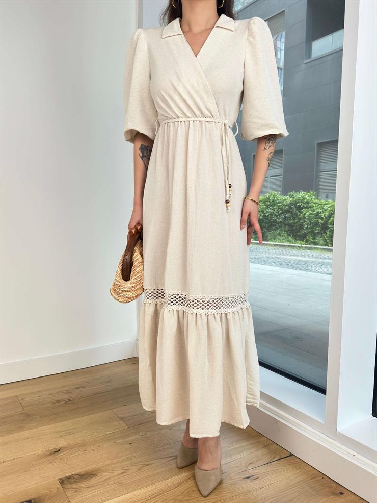 Kruvaze Yaka Beli Bağcıklı Rayane Kadın Taş Elbise 24Y489