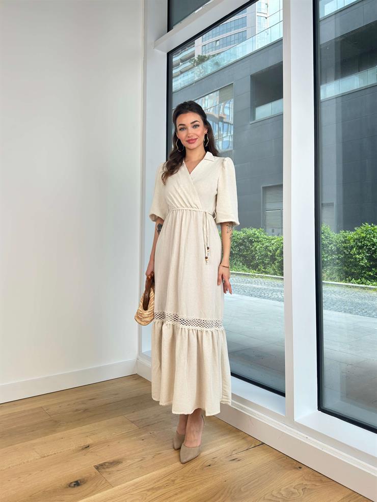 Kruvaze Yaka Beli Bağcıklı Rayane Kadın Taş Elbise 24Y489