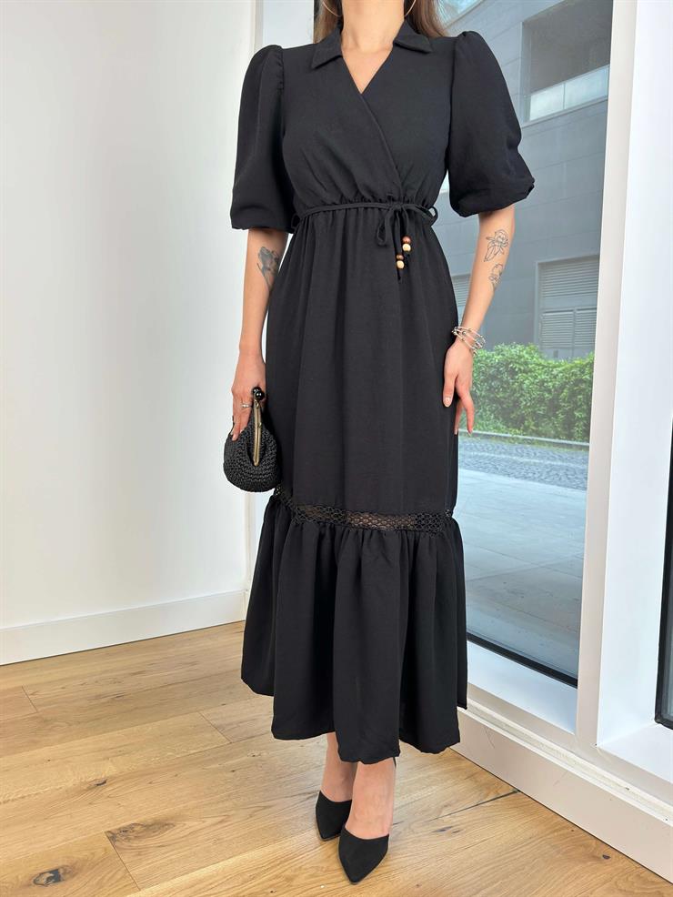 Kruvaze Yaka Beli Bağcıklı Rayane Kadın Siyah Elbise 24Y489