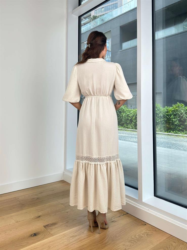 Kruvaze Yaka Beli Bağcıklı Rayane Kadın Taş Elbise 24Y489