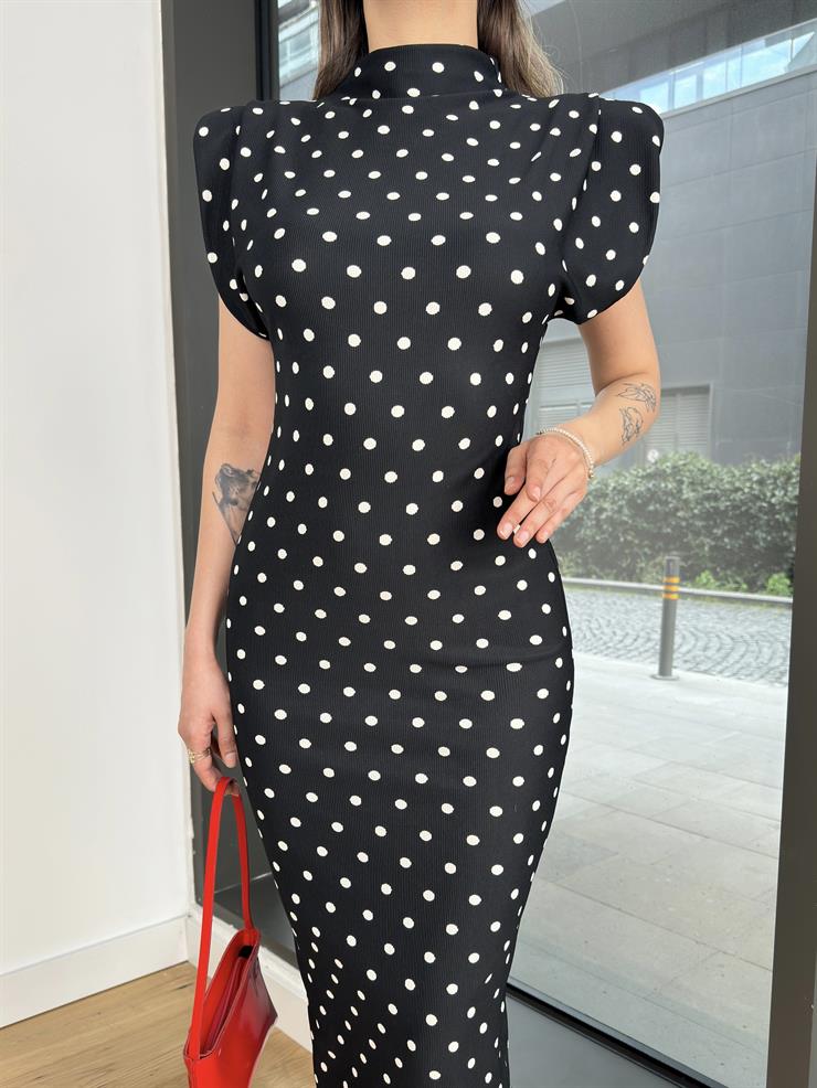 Yarım Boğazlı Kolsuz Puantiyeli Raziana Siyah Kadın Elbise 25Y210