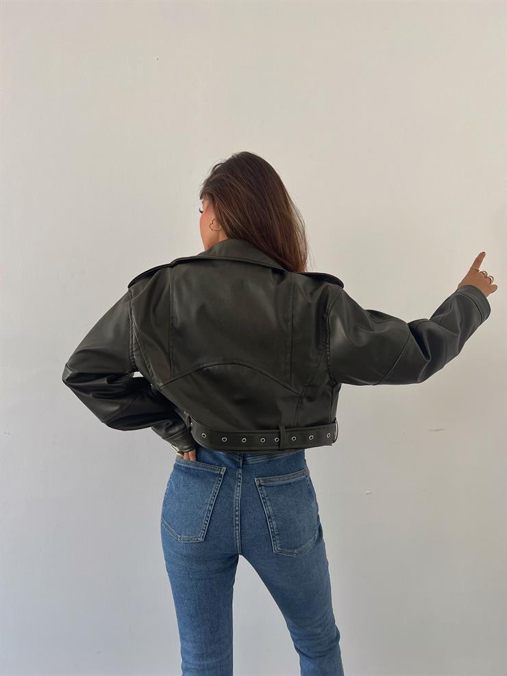 Fermuar Kapamalı Kemer Detaylı Rebeka Kadın Haki Vegan Deri Mont 24k000071