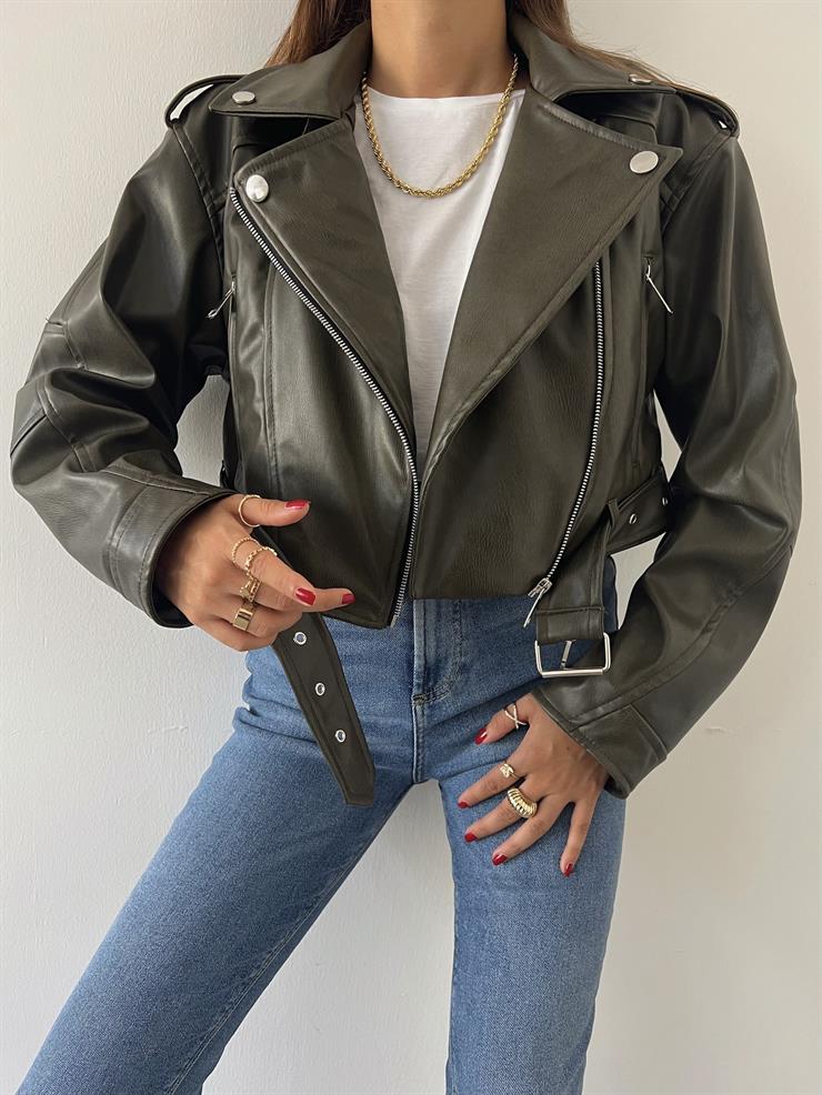 Fermuar Kapamalı Kemer Detaylı Rebeka Kadın Haki Vegan Deri Mont 24k000071