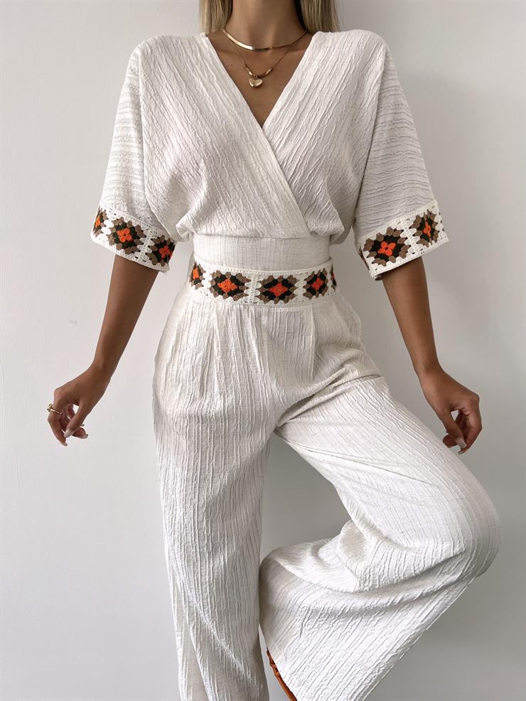 Kruvaze Yaka Belden Kuşaklı Crop Yüksek Bel Pantolon Redania Kadın Taş Keten Takım 23Y000478