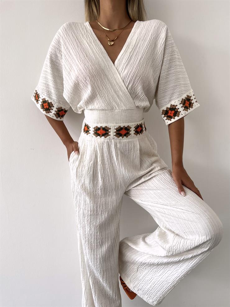 Kruvaze Yaka Belden Kuşaklı Crop Yüksek Bel Pantolon Redania Kadın Taş Keten Takım 23Y000478