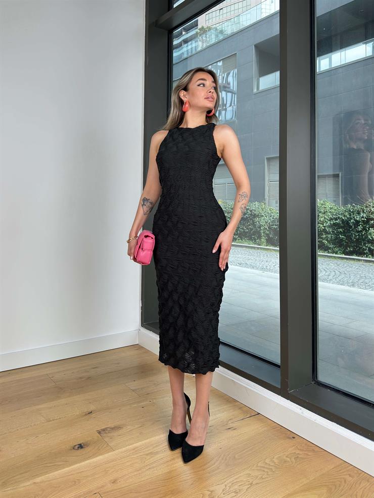 Kolsuz Reget Siyah Kadın Midi Elbise 25Y021