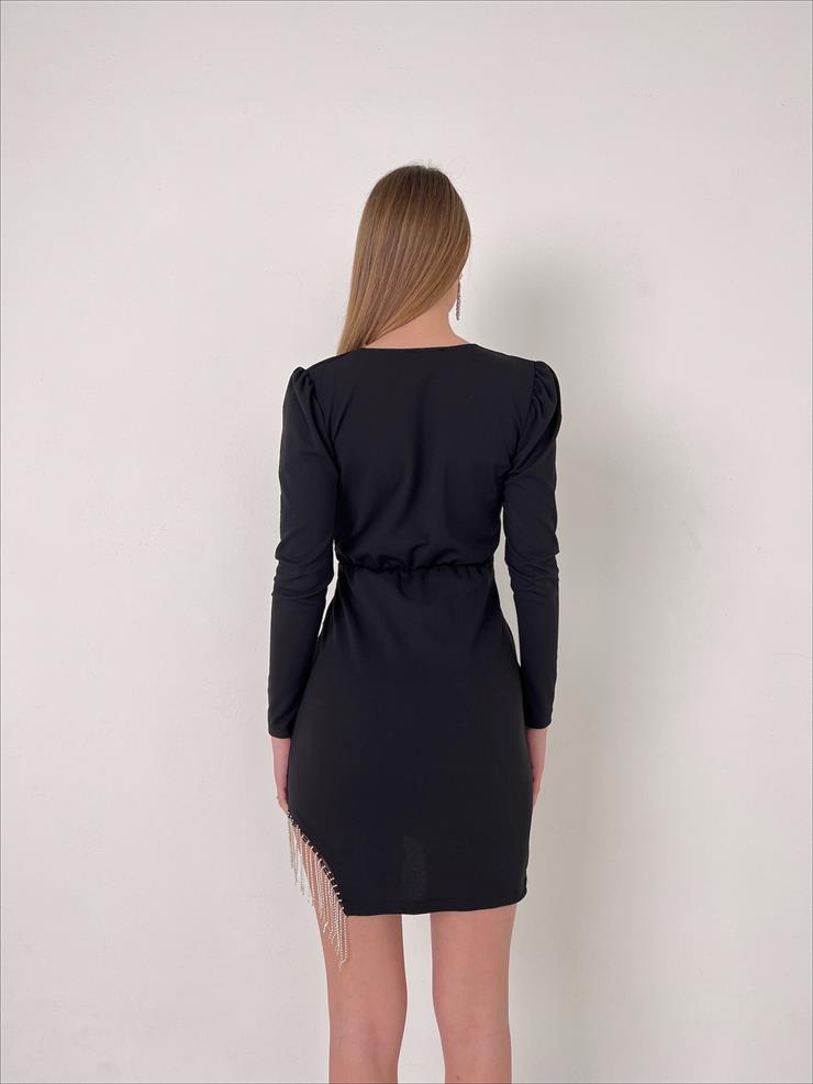 Kruvaze Yaka Etek Kısmı Taş Detaylı Uzun Kol Regina Kadın Siyah Mini Elbise 23Y000090