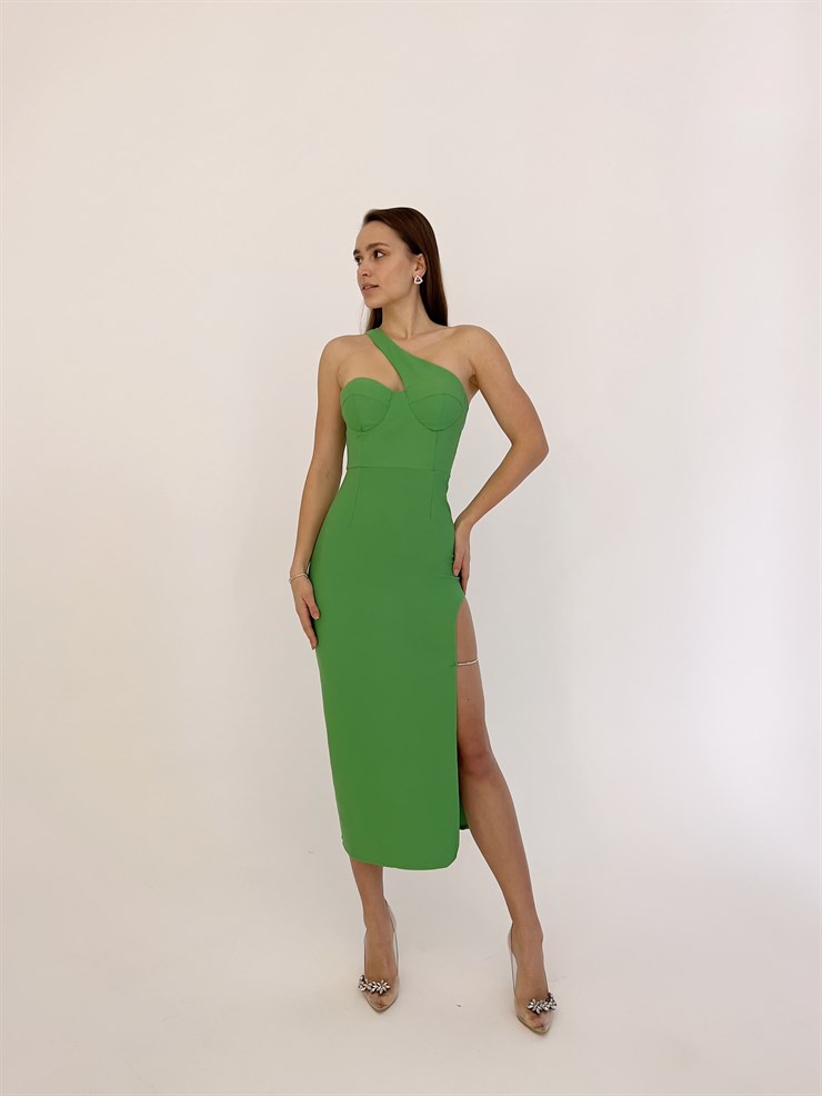 Tek Omuz Taş Aksesuarlı Reginald Kadın Yeşil Midi Elbise 23K000414