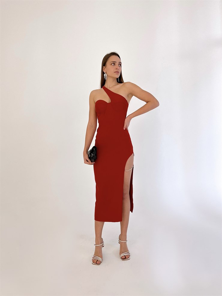 Tek Omuz Taş Aksesuarlı Reginald Kadın Kırmızı Midi Elbise 23K000414