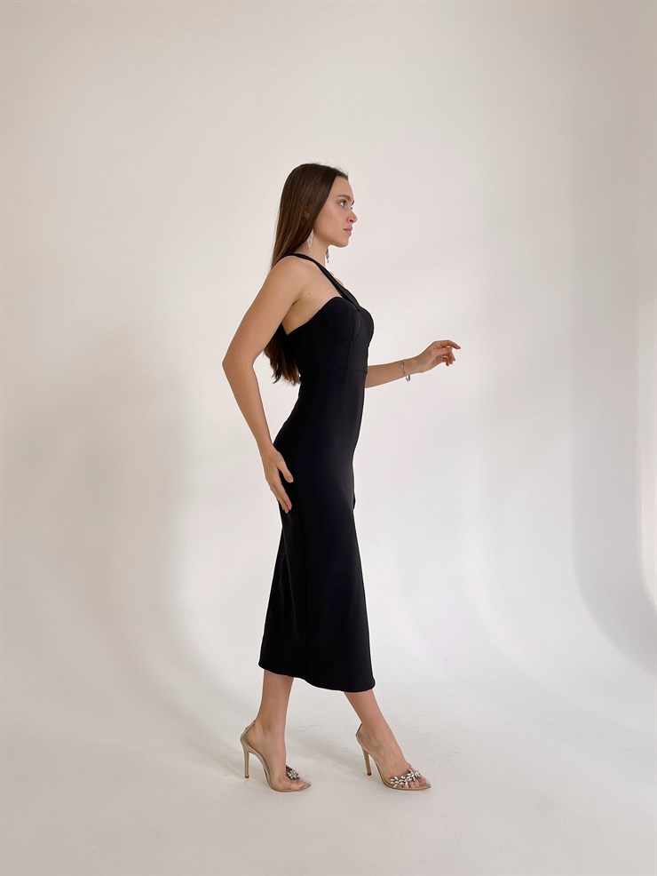 Tek Omuz Taş Aksesuarlı Reginald Kadın Siyah Midi Elbise 23K000414