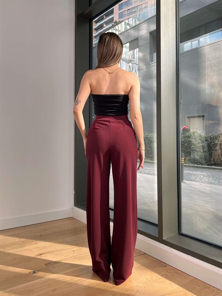Yüksek Bel Pens Detaylı Reira Bordo Kadın Palazzo Pantolon 25Y013