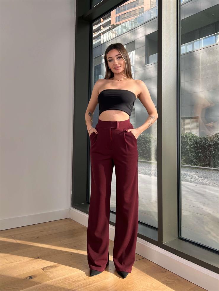 Yüksek Bel Pens Detaylı Reira Bordo Kadın Palazzo Pantolon 25Y013
