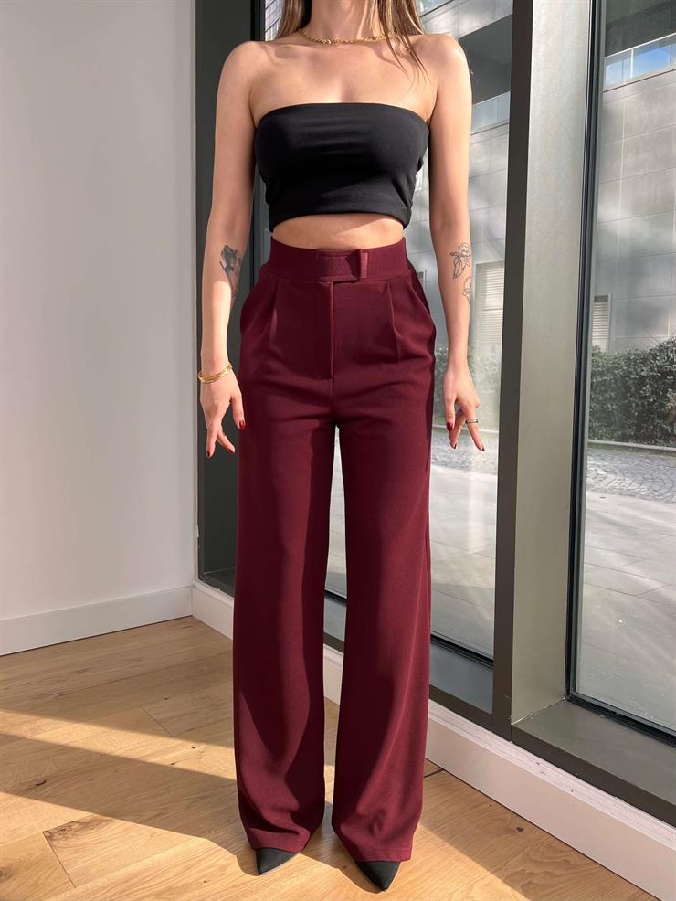 Yüksek Bel Pens Detaylı Reira Bordo Kadın Palazzo Pantolon 25Y013