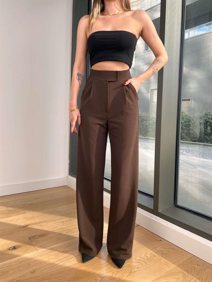 Yüksek Bel Pens Detaylı Reira Kahve Kadın Palazzo Pantolon 25Y013