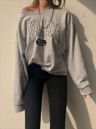 Bisiklet Yaka Relax Yazılı Kadın Gri Sweat 22K000343