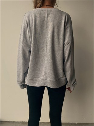 Bisiklet Yaka Relax Yazılı Kadın Gri Sweat 22K000343