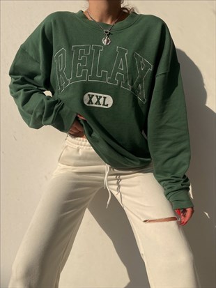 Bisiklet Yaka Relax Yazılı Kadın Yeşil Sweat 22K000343