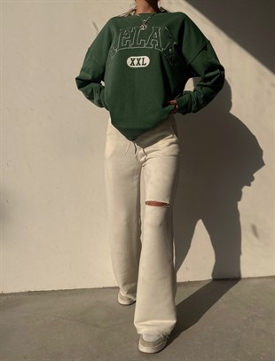 Bisiklet Yaka Relax Yazılı Kadın Yeşil Sweat 22K000343