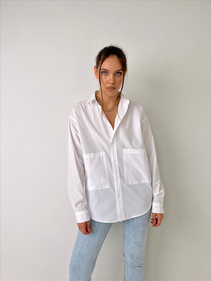 Önü Büyük Cep Detaylı Boyfriend Remy Kadın Beyaz Gömlek 23Y000005
