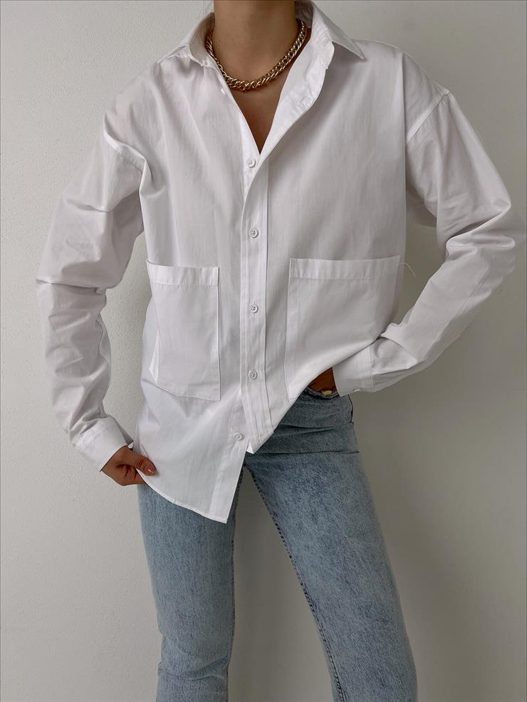 Önü Büyük Cep Detaylı Boyfriend Remy Kadın Beyaz Gömlek 23Y000005