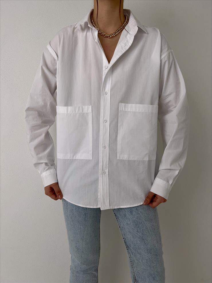 Önü Büyük Cep Detaylı Boyfriend Remy Kadın Beyaz Gömlek 23Y000005