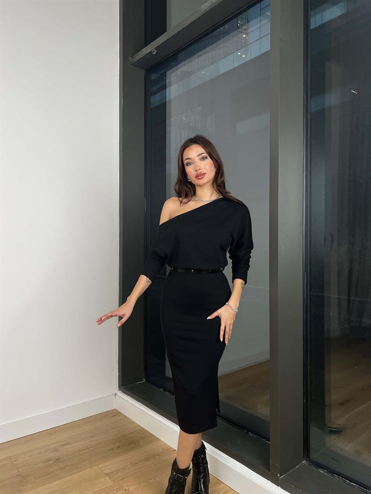 Tek Omuz Fitilli Beli Kemerli Renato Kadın Siyah Midi Elbise 24k328