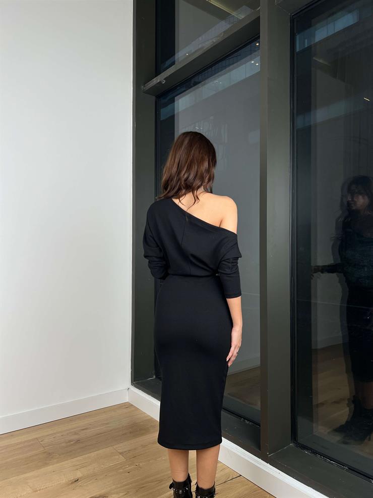Tek Omuz Fitilli Beli Kemerli Renato Kadın Siyah Midi Elbise 24k328