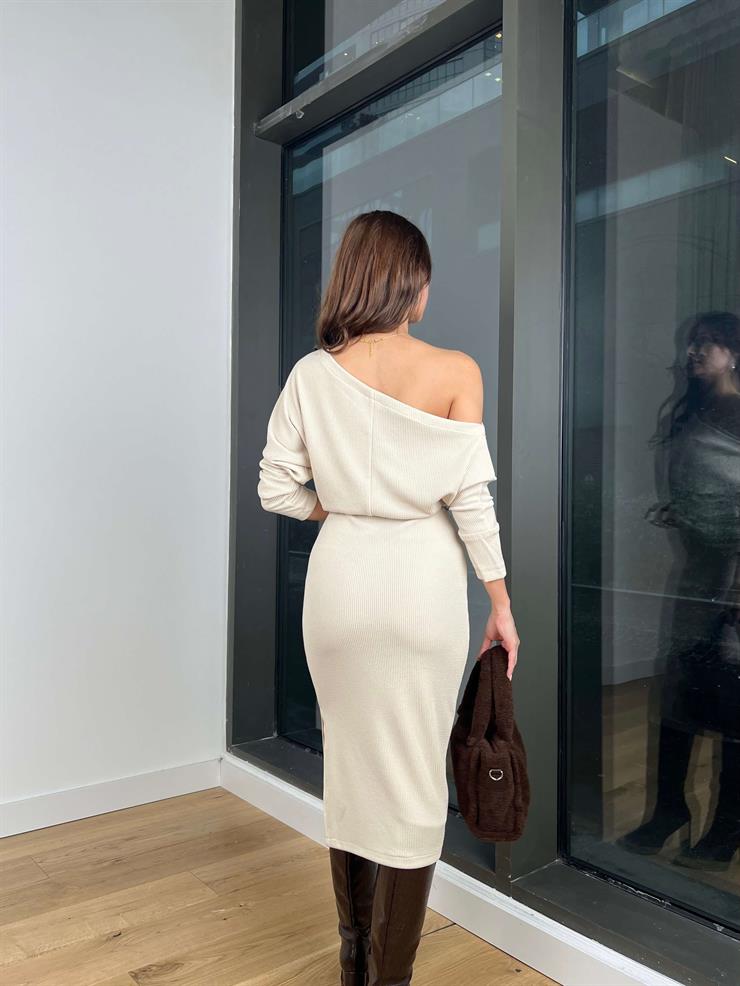 Tek Omuz Fitilli Beli Kemerli Renato Kadın Bej Midi Elbise 24k328