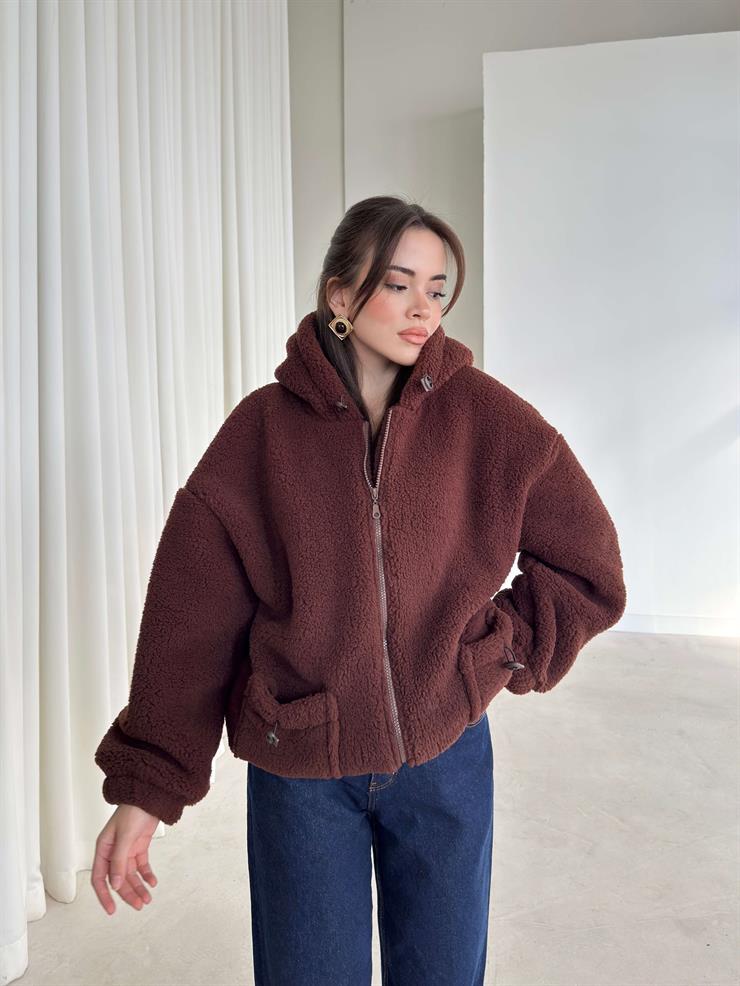 Cepli Önü Fermuarlı Renle Kahve Kadın Kapüşonlu Peluş Mont 26K344