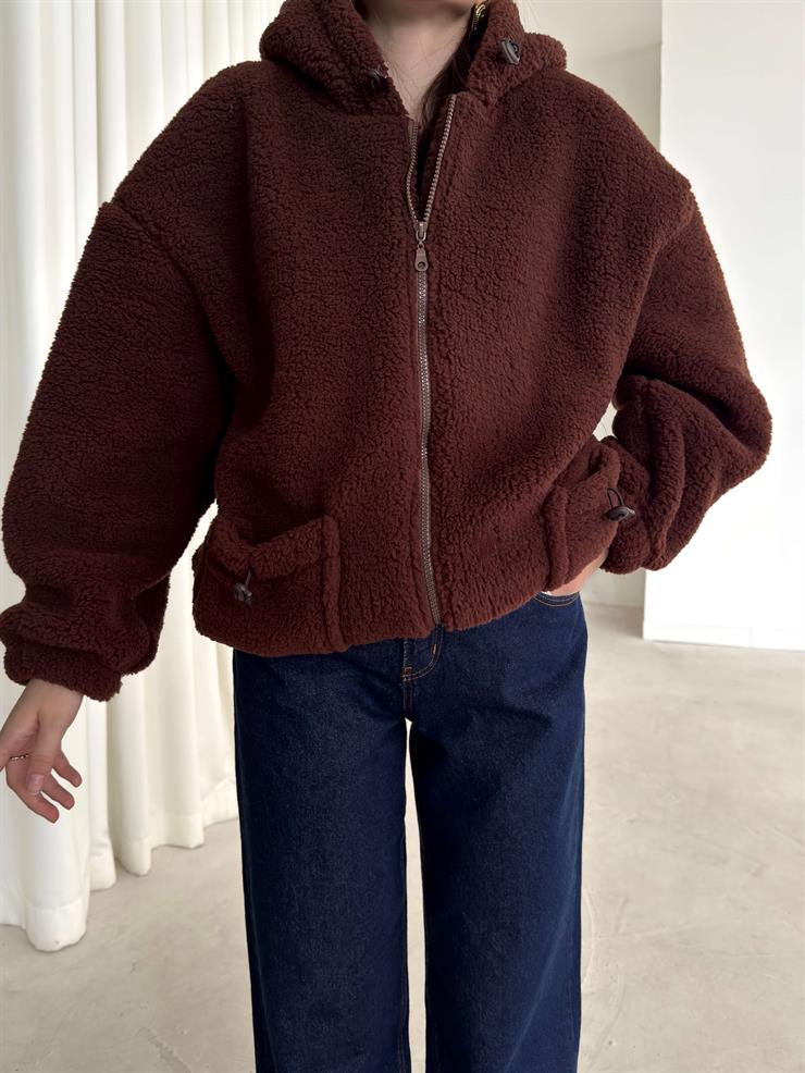 Cepli Önü Fermuarlı Renle Kahve Kadın Kapüşonlu Peluş Mont 26K344