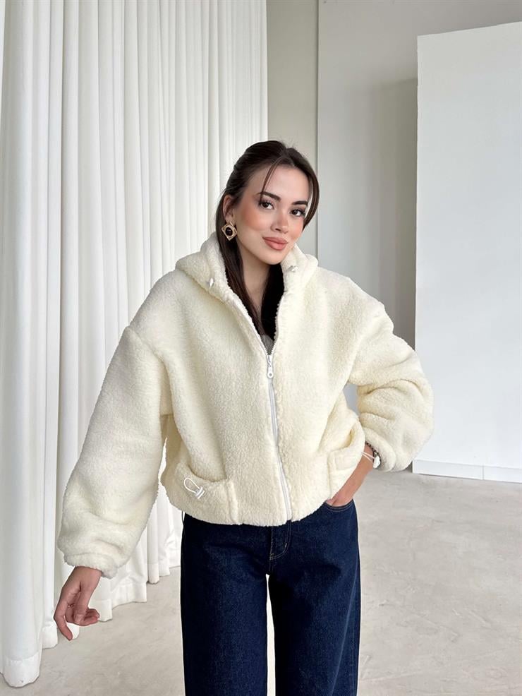 Cepli Önü Fermuarlı Renle Ekru Kadın Kapüşonlu Peluş Mont 26K344