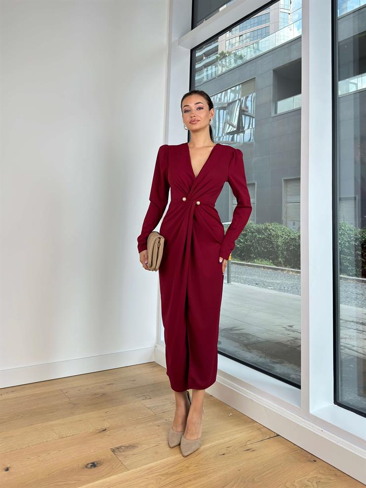 V Yaka Uzun Kol Önü Büzgü Detaylı Ve Aksesuarlı Reydel Bordo Kadın Elbise 25K161