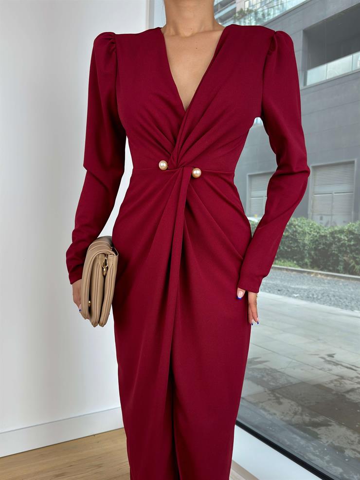 V Yaka Uzun Kol Önü Büzgü Detaylı Ve Aksesuarlı Reydel Bordo Kadın Elbise 25K161