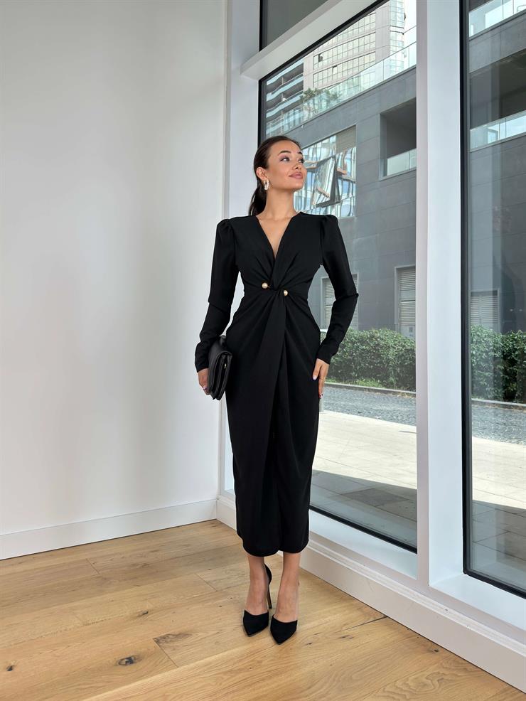 V Yaka Uzun Kol Önü Büzgü Detaylı Ve Aksesuarlı Reydel Siyah Kadın Elbise 25K161