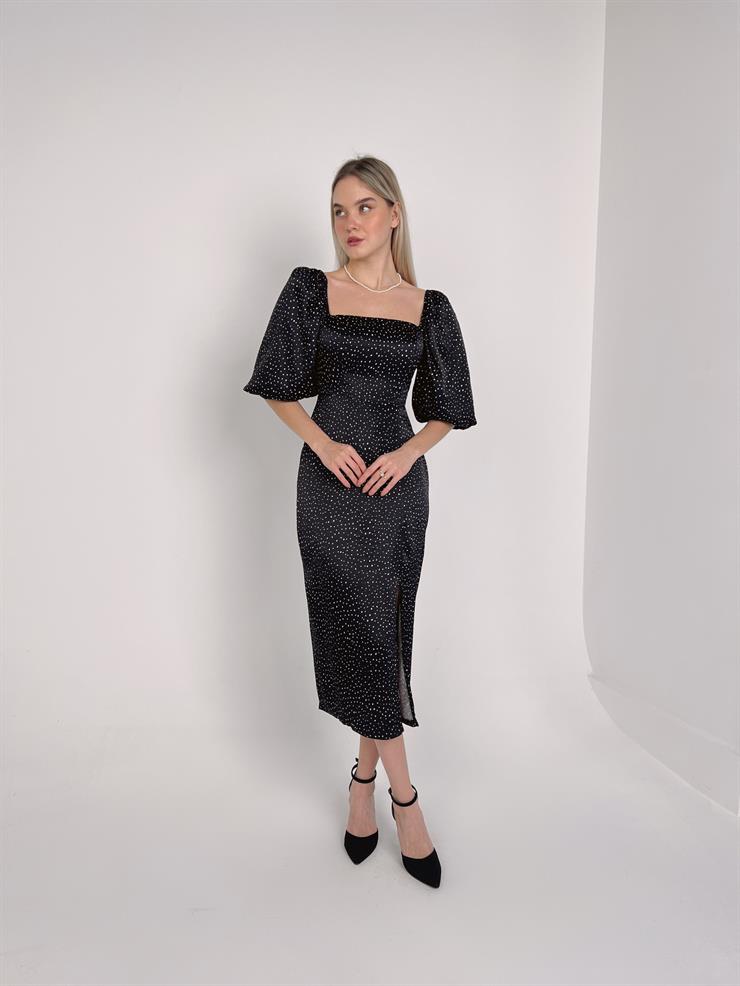 Kare Yaka Balon Kol Yandan Yırtmaçlı Richa Kadın Puantiyeli Elbise 23Y000133