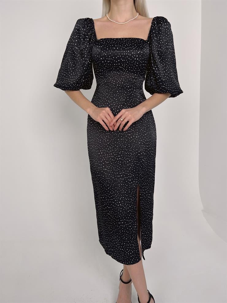 Kare Yaka Balon Kol Yandan Yırtmaçlı Richa Kadın Puantiyeli Elbise 23Y000133