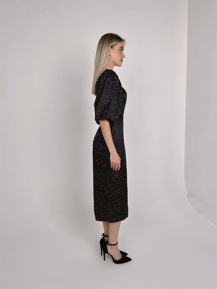 Kare Yaka Balon Kol Yandan Yırtmaçlı Richa Kadın Puantiyeli Elbise 23Y000133