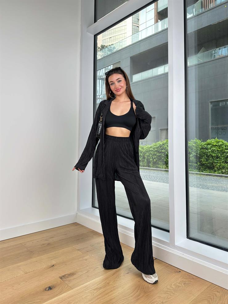 Uzun Gömlek Yük Bel Beli Lastikli Pantolon Richard Kadın Siyah Piliseli Takım 24Y458