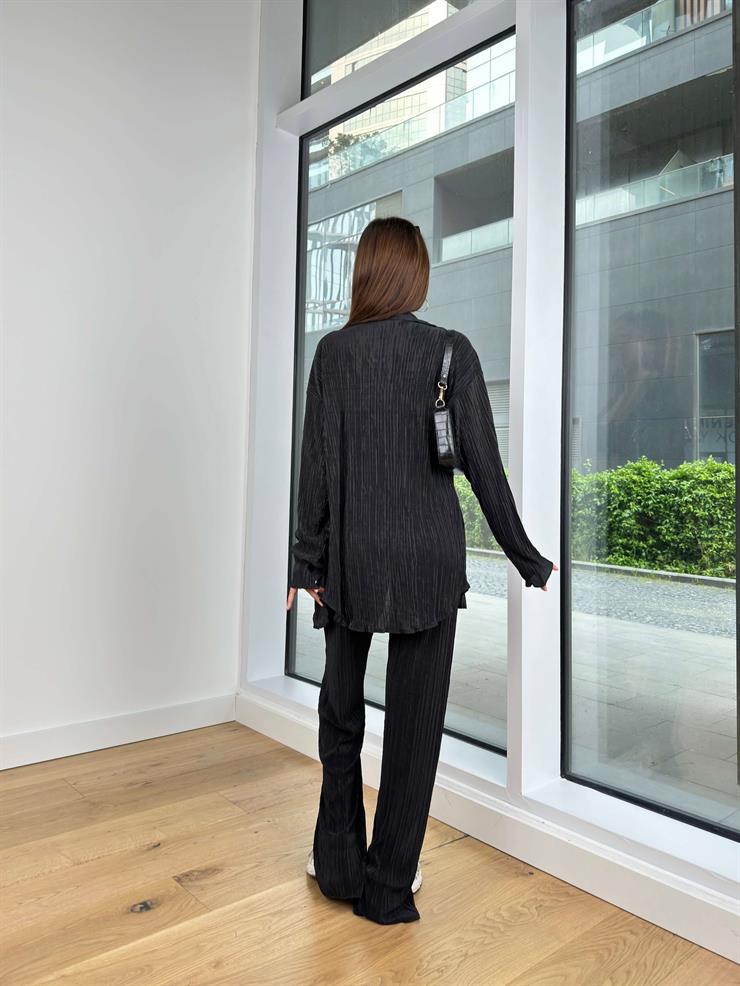 Uzun Gömlek Yük Bel Beli Lastikli Pantolon Richard Kadın Siyah Piliseli Takım 24Y458