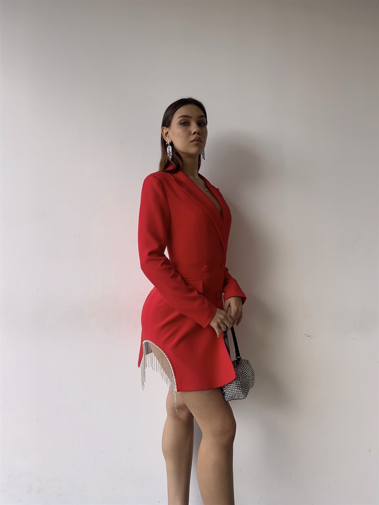 Kruvaze Yaka Yan Zincir Detay Uzun Kol Riera Kadın Kırmızı Ceket 23K000376