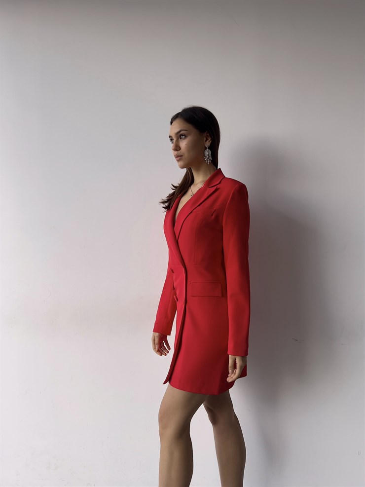 Kruvaze Yaka Yan Zincir Detay Uzun Kol Riera Kadın Kırmızı Ceket 23K000376