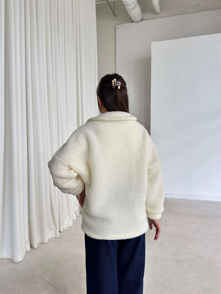 Cepli Yakalı Önü Düğmeli Rila Ekru Kadın Peluş Mont 26K343