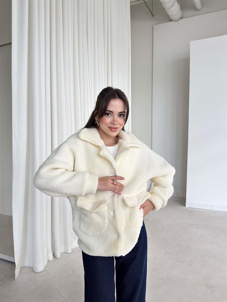Cepli Yakalı Önü Düğmeli Rila Ekru Kadın Peluş Mont 26K343