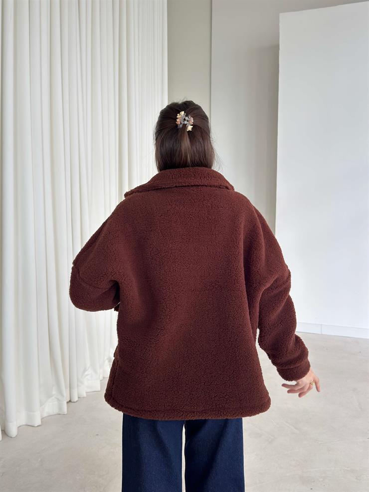 Cepli Yakalı Önü Düğmeli Rila Kahve Kadın Peluş Mont 26K343