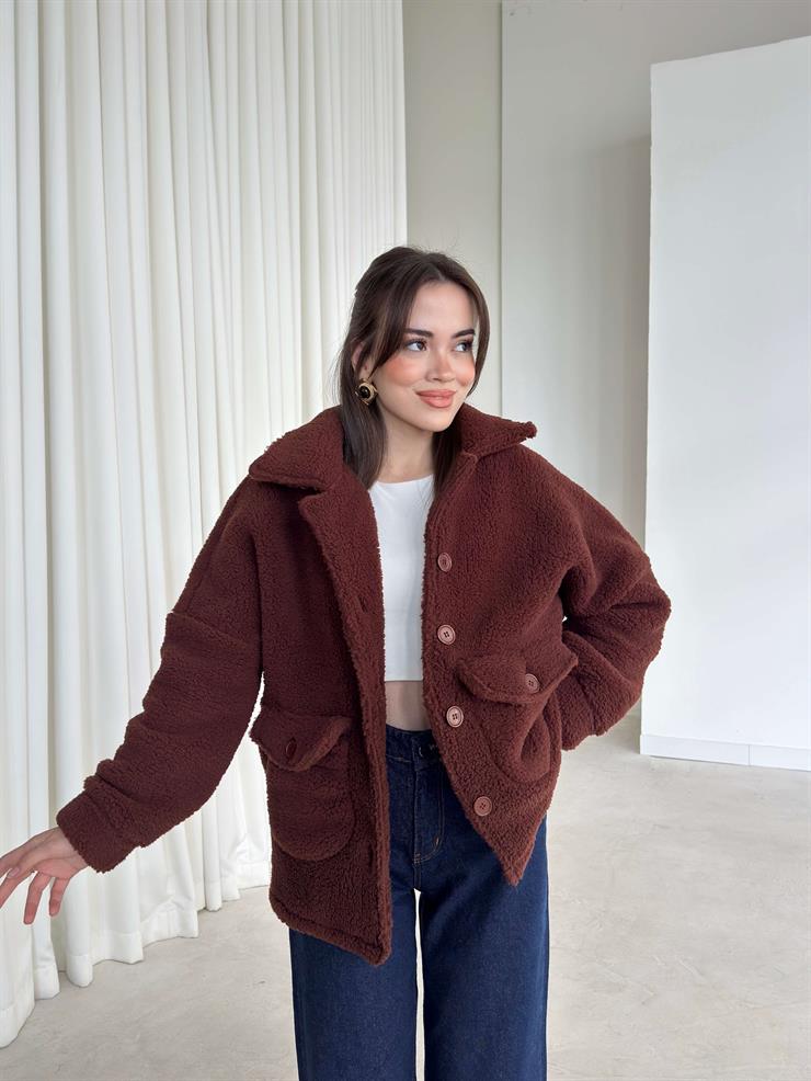 Cepli Yakalı Önü Düğmeli Rila Kahve Kadın Peluş Mont 26K343