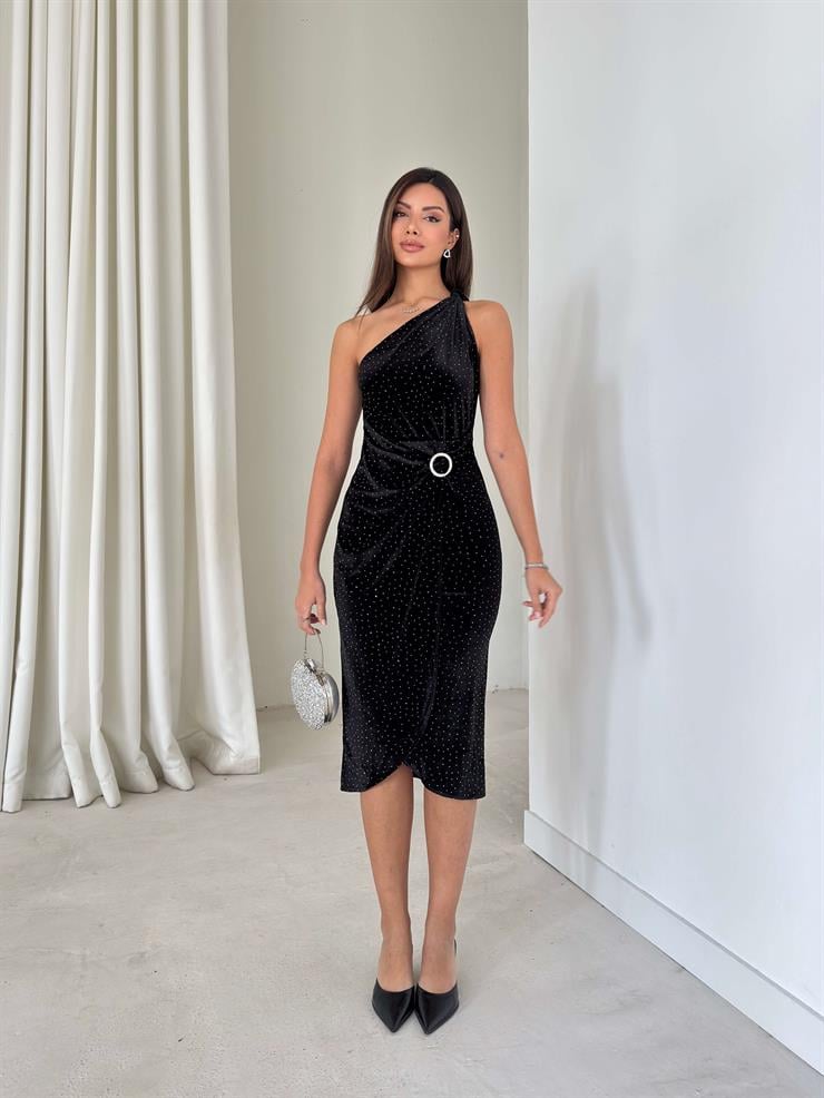 Taşlı Aksesuarlı Kruvaze Kesim Tek Omuz Rında Siyah Kadın Elbise 26K296