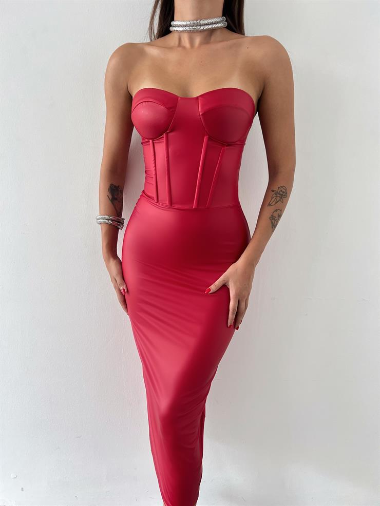 Straplez Korse Detaylı Rishi Kadın Kırmızı Deri Elbise 23K000472