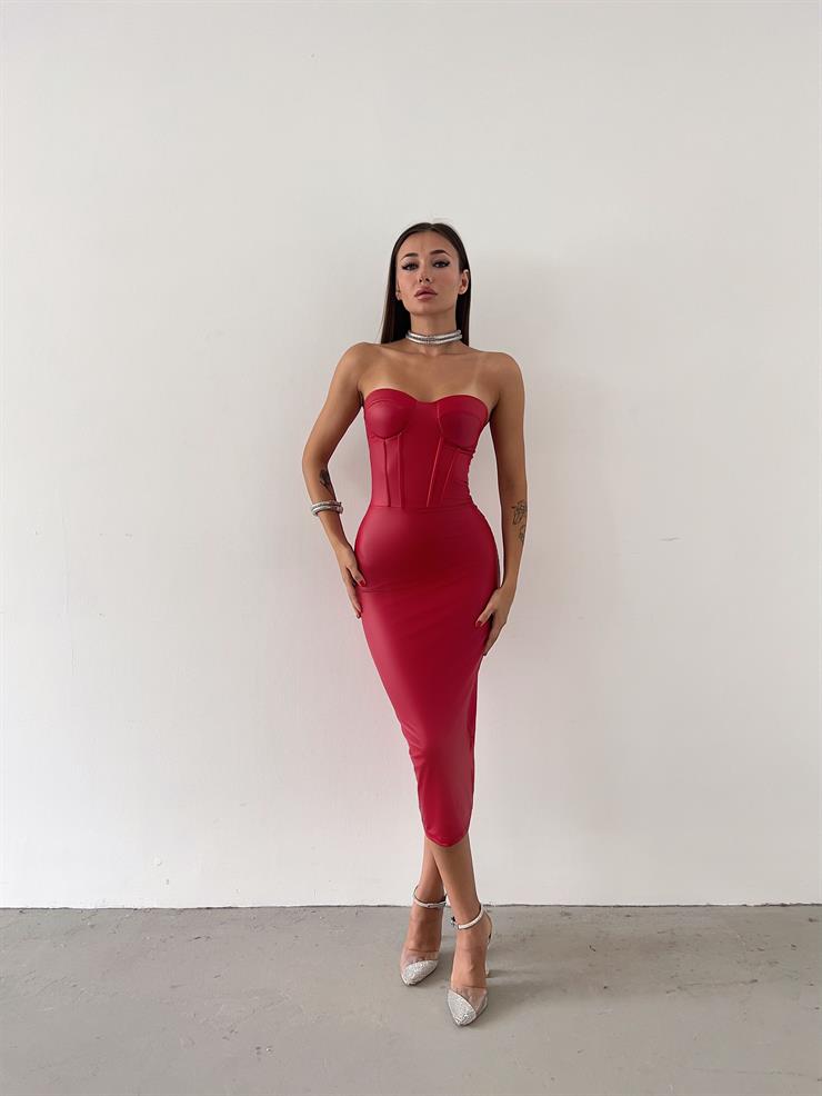 Straplez Korse Detaylı Rishi Kadın Kırmızı Deri Elbise 23K000472