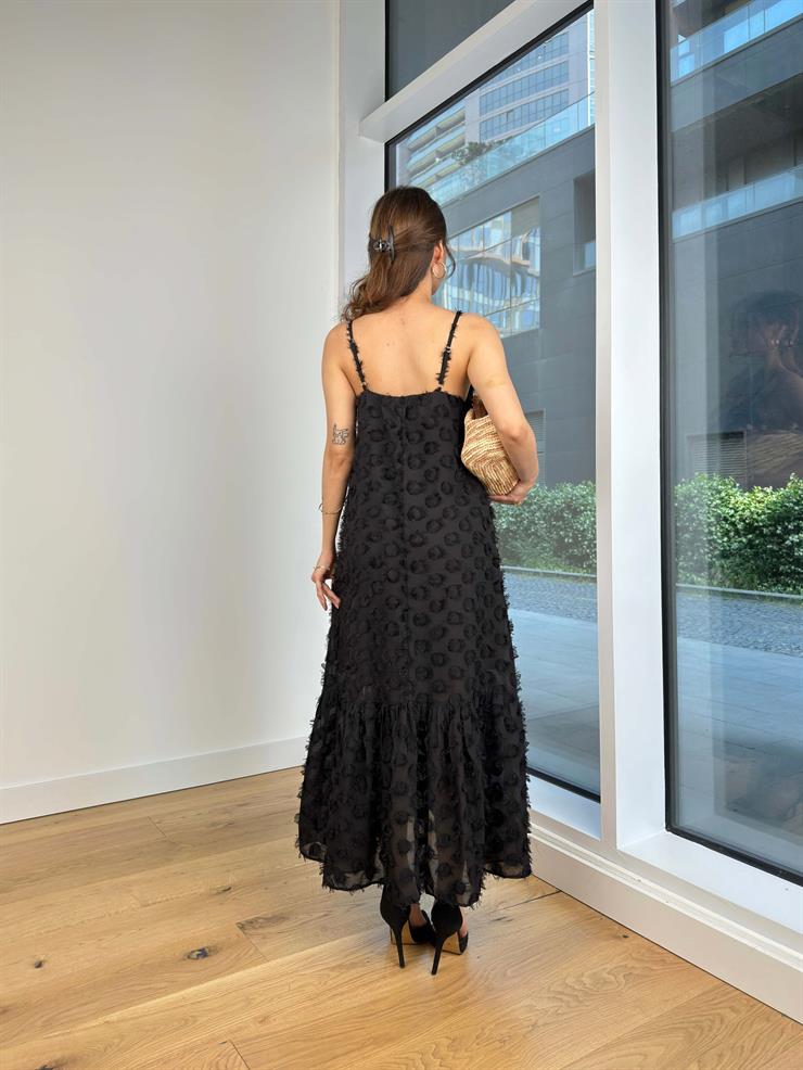 Askılı V Yaka Ritza Kadın Siyah Elbise 24Y581