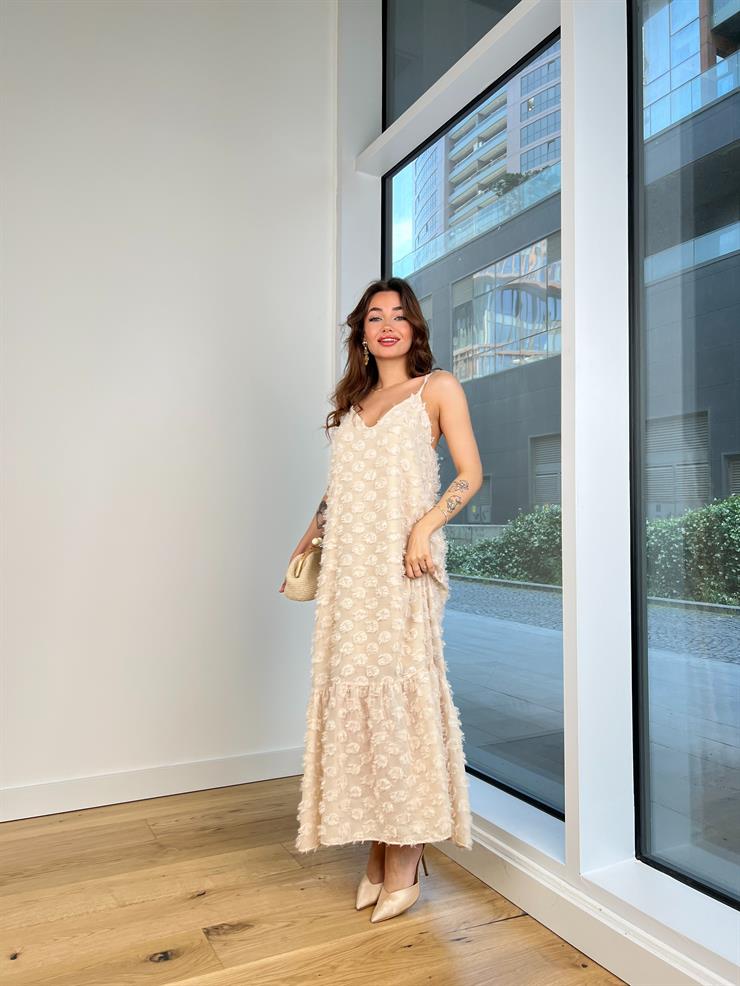 Askılı V Yaka Ritza Kadın Bej Elbise 24Y581